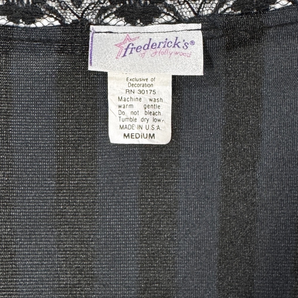 Fredericks of Hollywood Robe Medium Black Sheer Lace Trim Long Lounge VTG - Picture 4 of 9